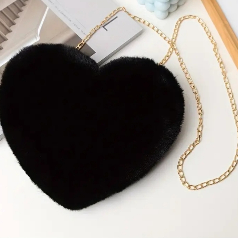 Elegant Black Heart-Shaped Fur Bag